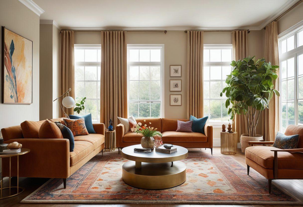 A beautifully styled modern living room featuring an array of textile designs, showcasing plush cushions, elegant curtains, and intricate wall hangings. The space is filled with natural light, highlighting earthy tones and metallic accents, creating a cozy yet sophisticated atmosphere. Include elements like a stylish sofa and a decorative rug that reflect modern aesthetics. super-realistic. vibrant colors. airy and bright.