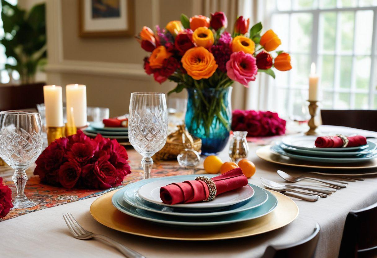 A beautifully set dining table showcasing elegant designer tablecloths and sophisticated table accessories, surrounded by vibrant florals and unique tableware. The atmosphere should feel warm and inviting, with soft lighting enhancing the luxury of the decor. Include elements of modern design and textures to inspire readers on a dining experience upgrade. super-realistic. vibrant colors. warm ambiance.