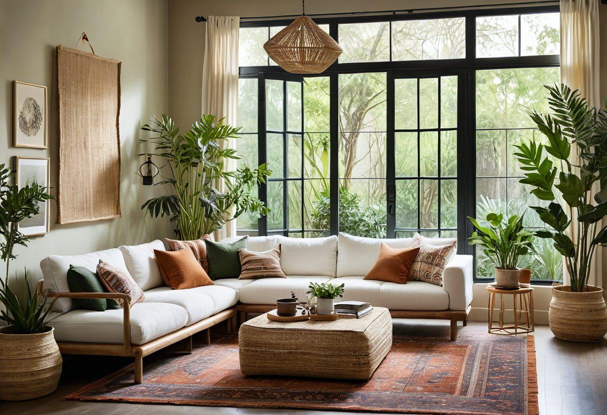 A stylish living room adorned with sustainable fabrics, featuring a cozy sofa with organic cotton cushions, a jute rug, and bamboo furniture. The room is filled with greenery from potted plants and large windows allowing natural light to flow in. Highlights of earthy tones and textures create an inviting atmosphere, while decorative elements emphasize eco-conscious design. modern bohemian aesthetic. vibrant colors. natural light.
